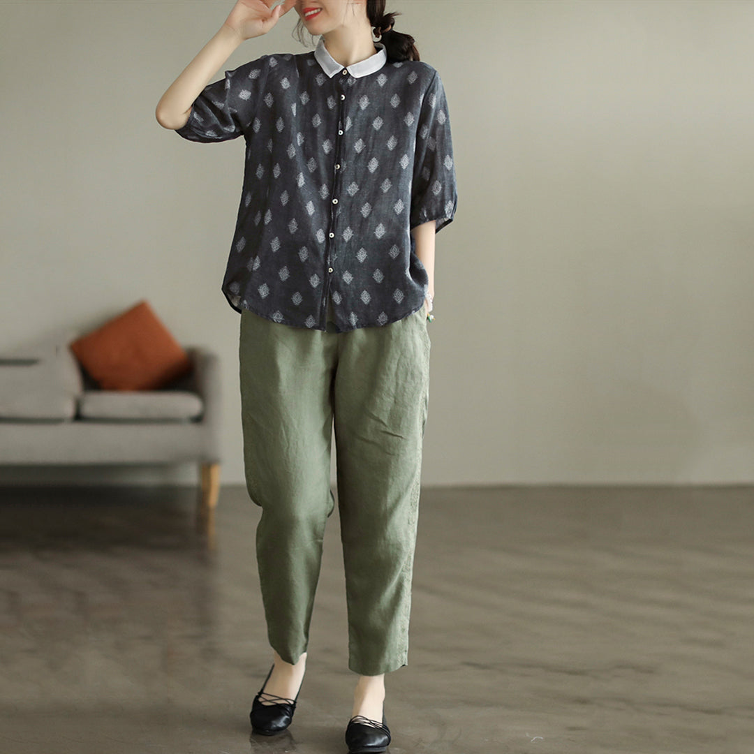 Women Summer Retro Embroidery O Neck 100 Ramie Shirt