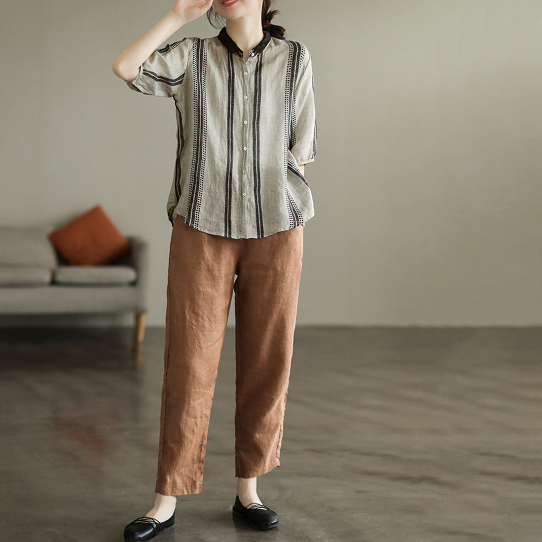 Stitching Retro Ramie Print Sleeve Shirt Retrosia