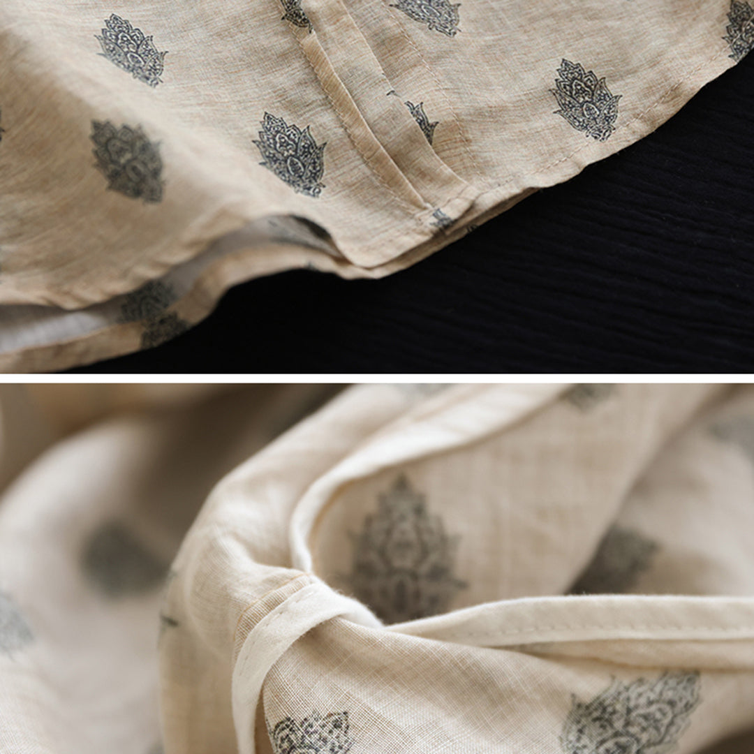 Stitching Retro Ramie Print Sleeve Shirt Retrosia