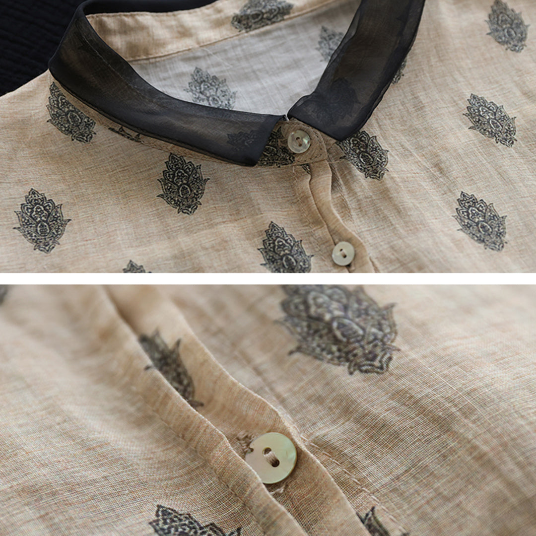 Stitching Retro Ramie Print Sleeve Shirt Retrosia