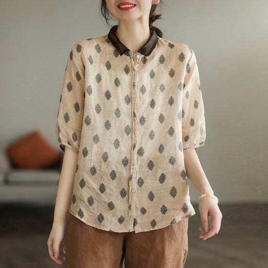 Plus Size - Vintage Stitching V Neck Short Sleeve Ramie T-shirt