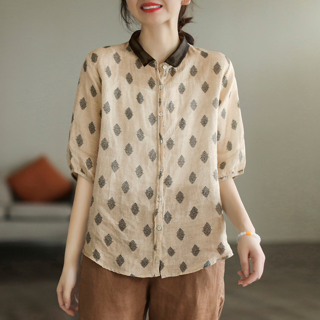 Stitching Retro Ramie Print Sleeve Shirt Retrosia