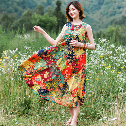 Summer Floral Grid Sleeveless Dress - Luckyback