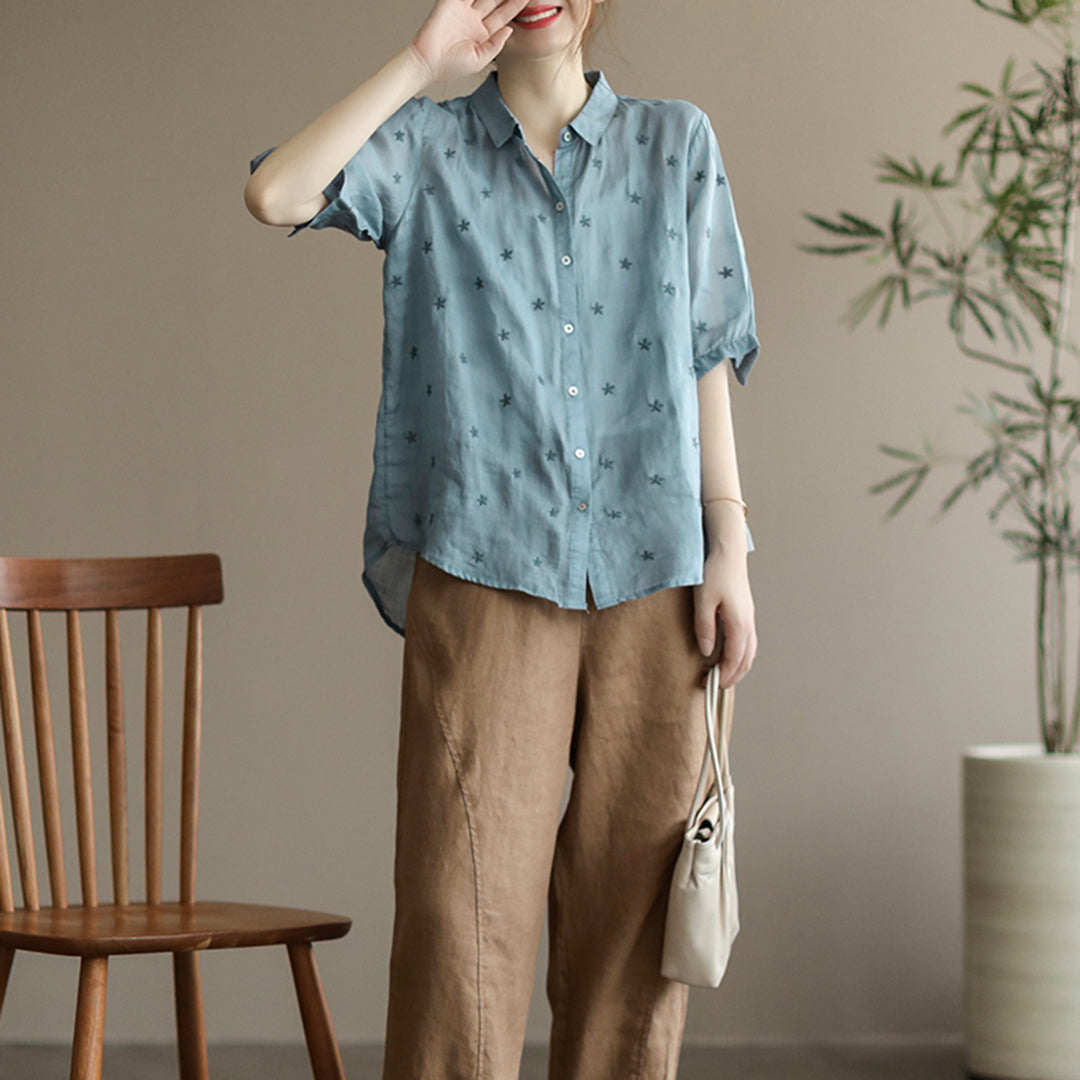 Summer Linen Half Sleeve Embroidery Loose Shirt