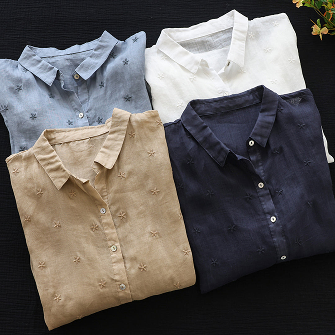 Summer Linen Half Sleeve Embroidery Loose Shirt