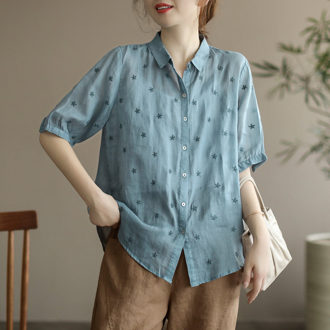 Summer Linen Half Sleeve Embroidery Loose Shirt