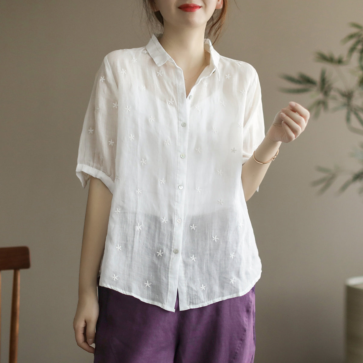 Summer Linen Half Sleeve Embroidery Loose Shirt