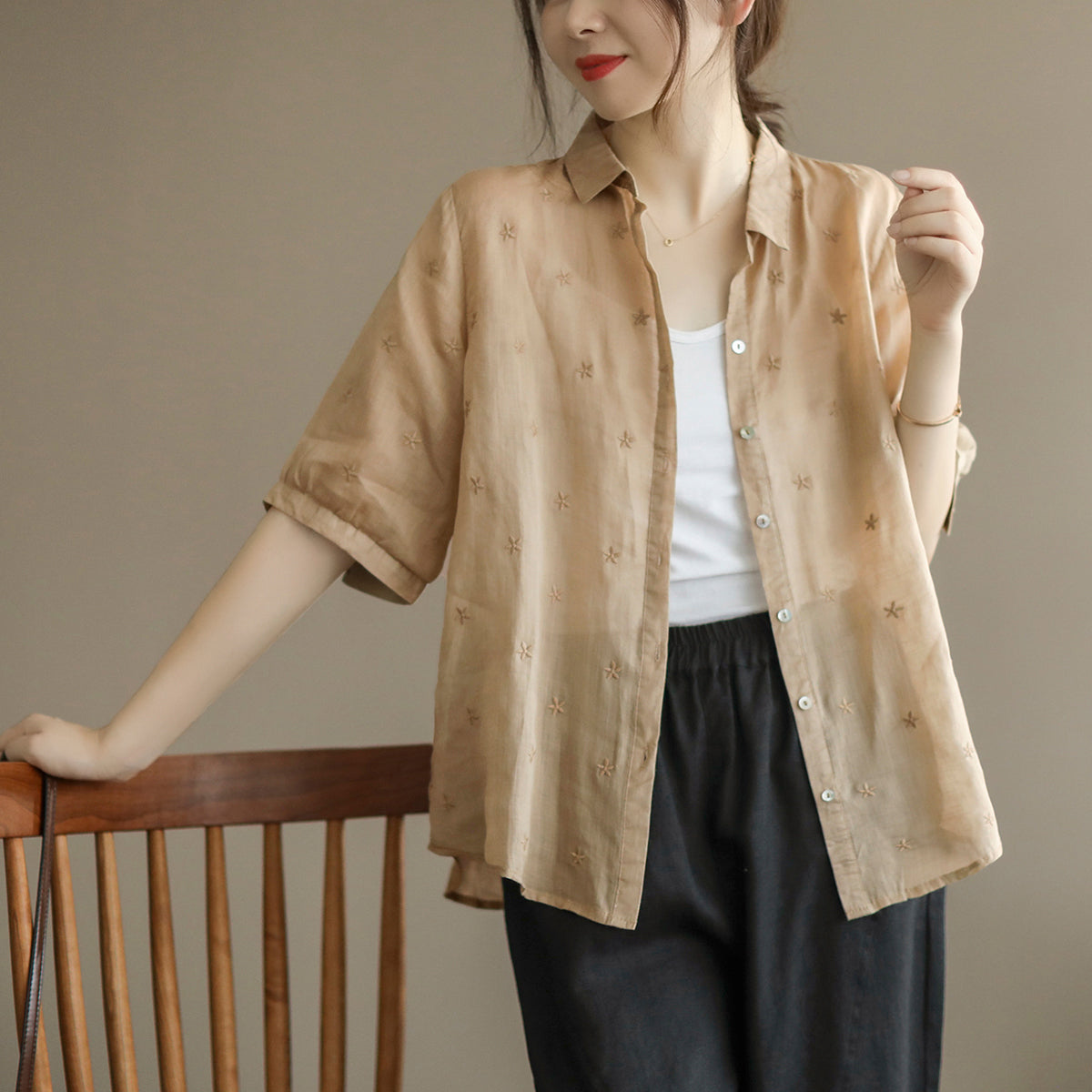 Summer Linen Half Sleeve Embroidery Loose Shirt