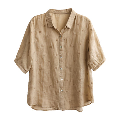 Summer Linen Half Sleeve Embroidery Loose Shirt