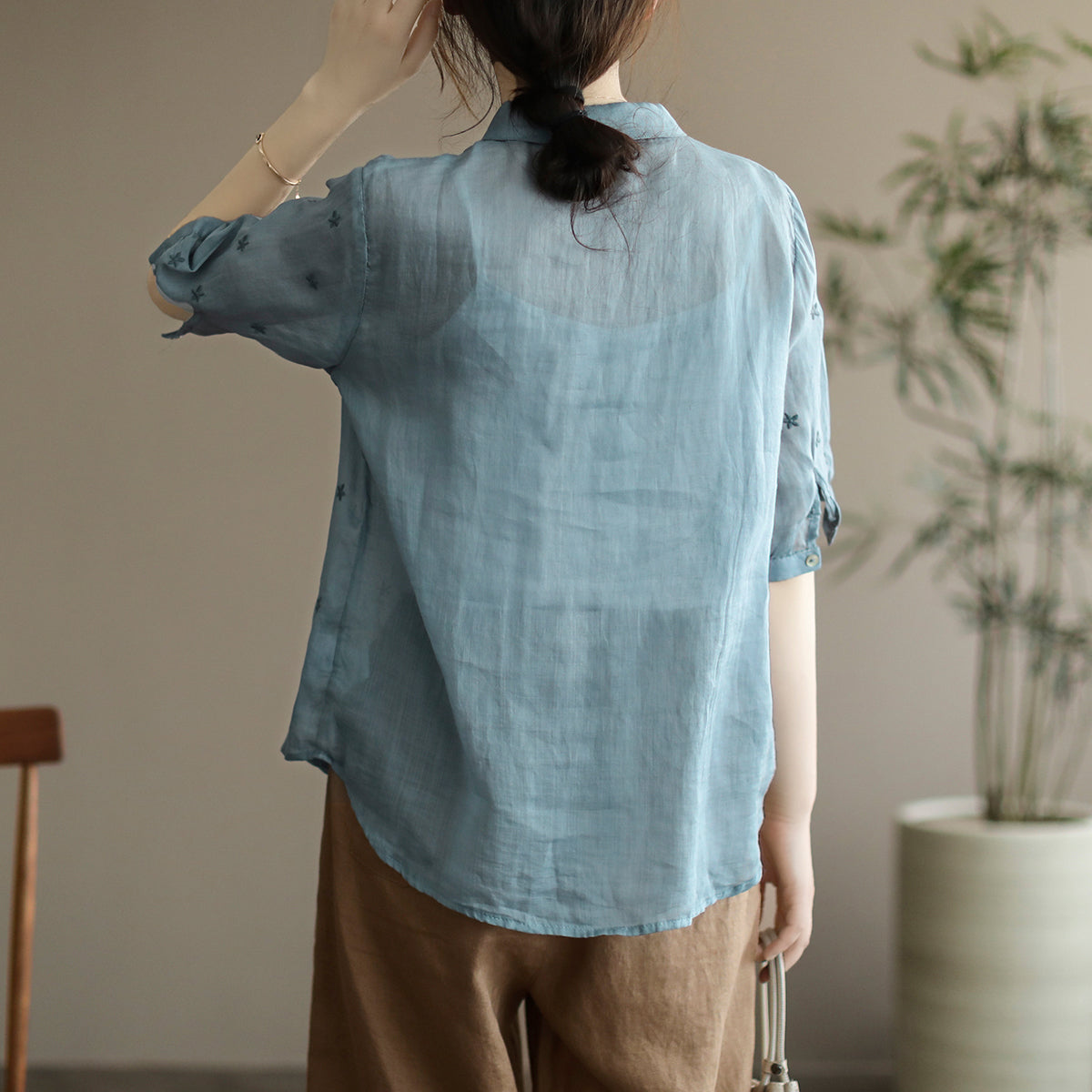 Summer Linen Half Sleeve Embroidery Loose Shirt