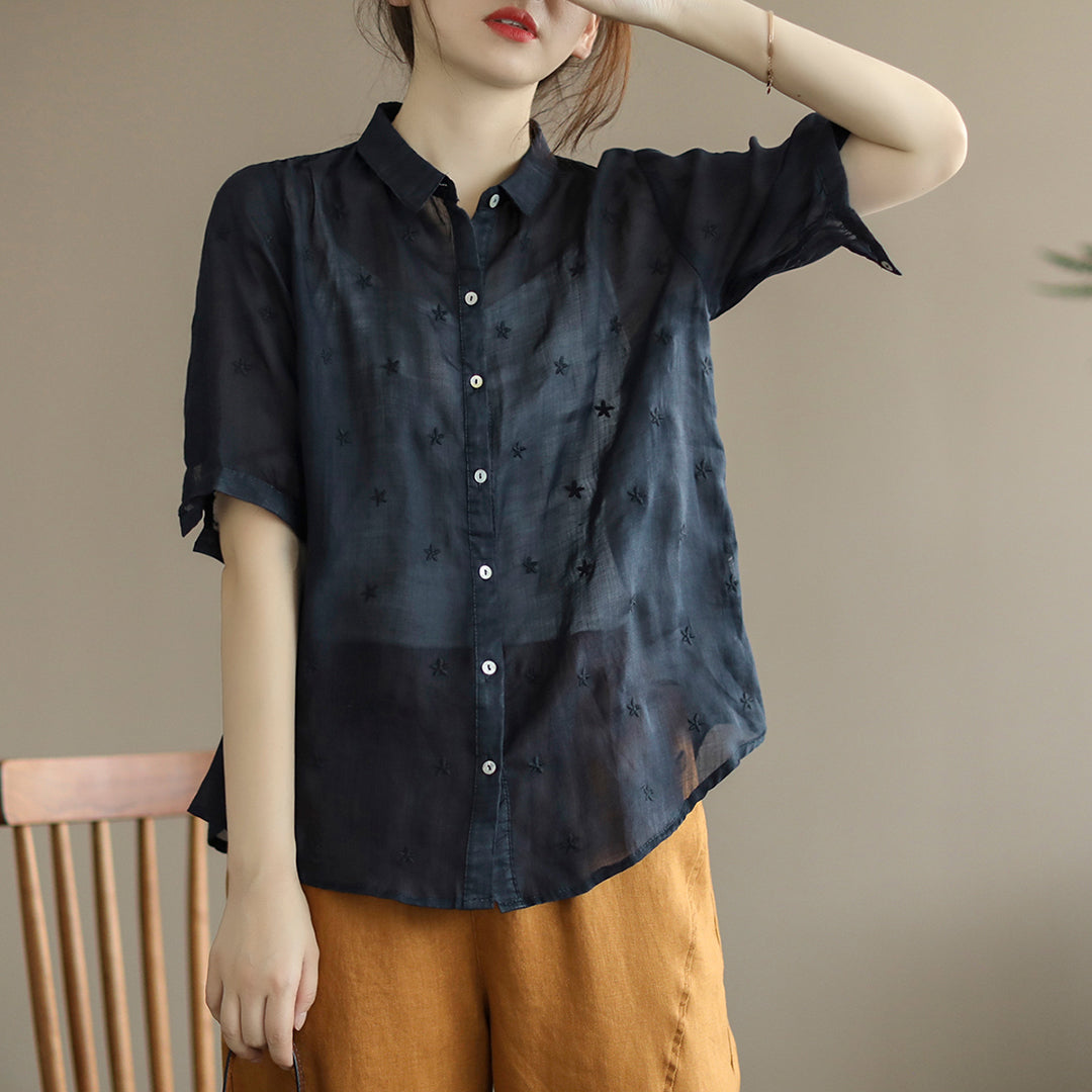 Summer Linen Half Sleeve Embroidery Loose Shirt