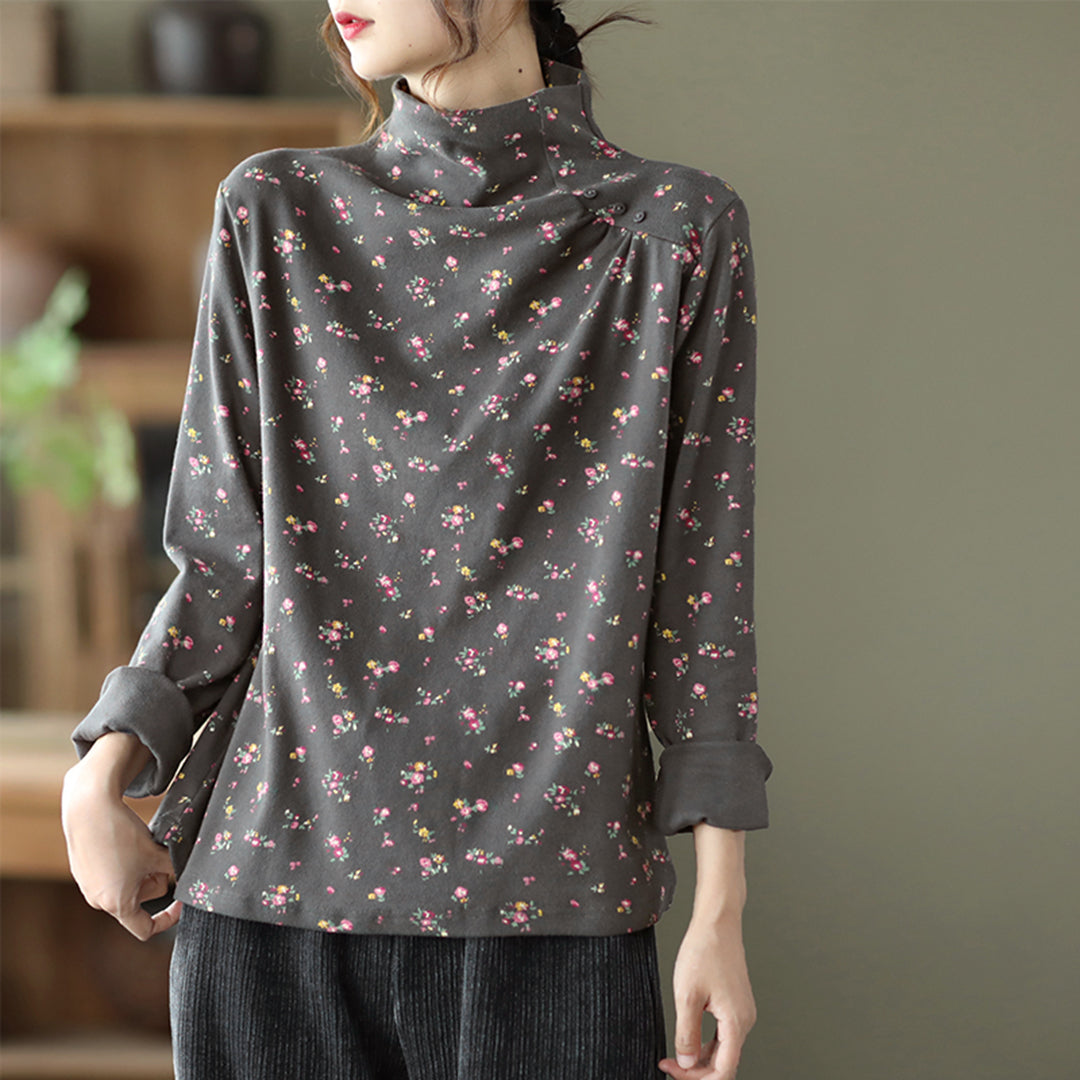 Turtleneck Ruched Floral Loose Bottoming Shirt - Luckyback