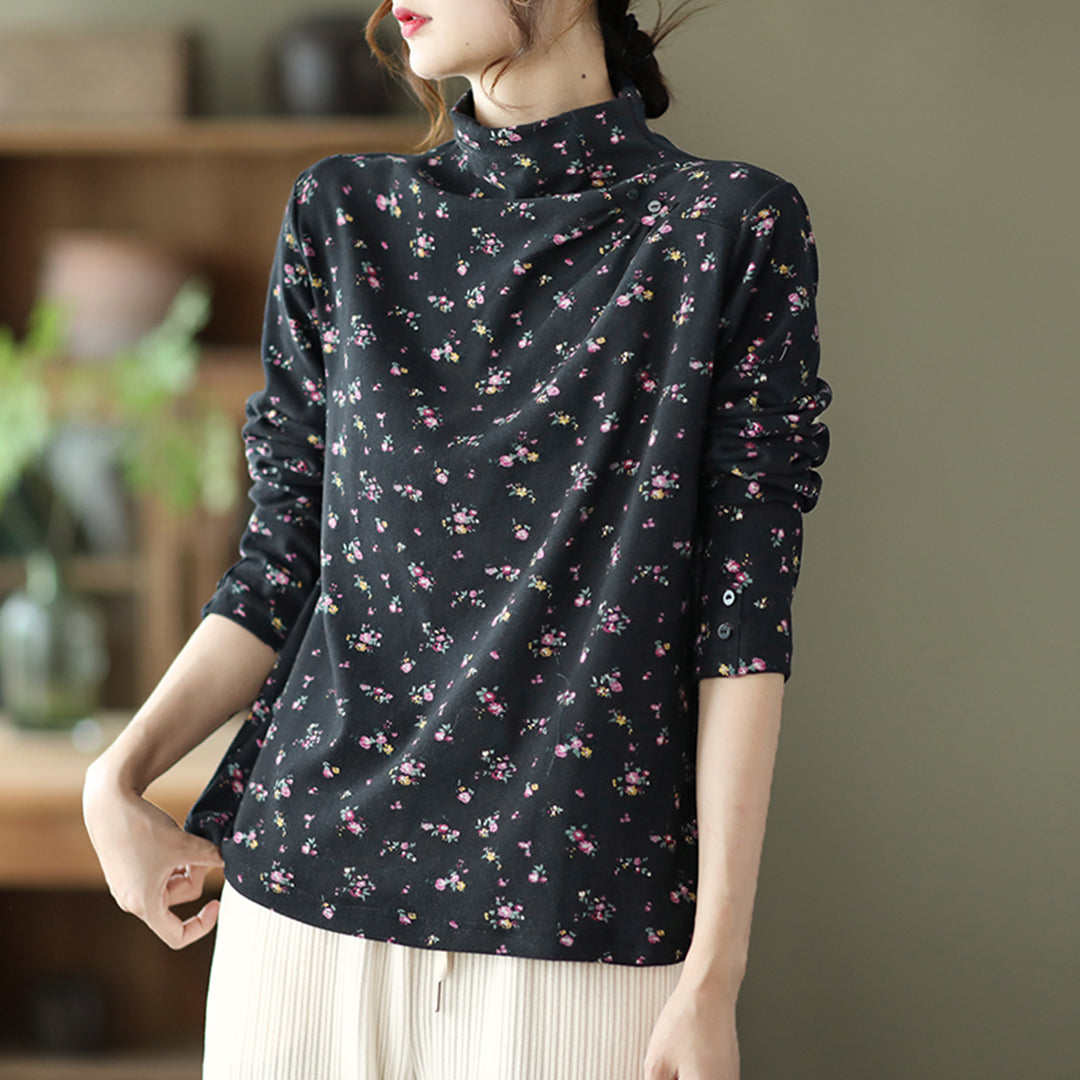 Turtleneck Ruched Floral Loose Bottoming Shirt - Luckyback