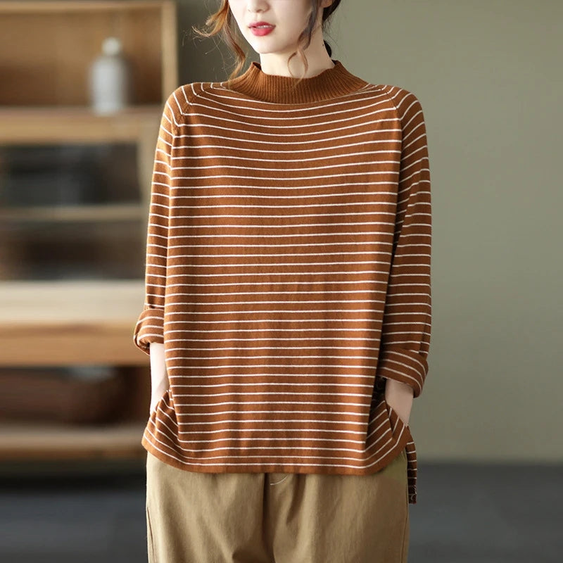 Turtleneck Stripes Knitted Sweater - Luckyback