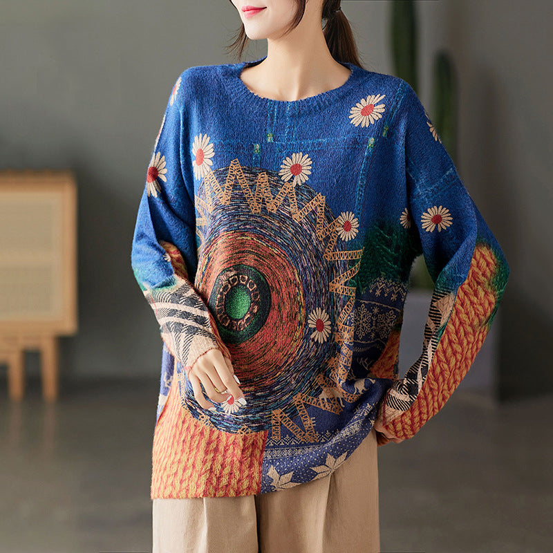 Vintage Color-Block Print Crew Neck Sweater - Luckyback