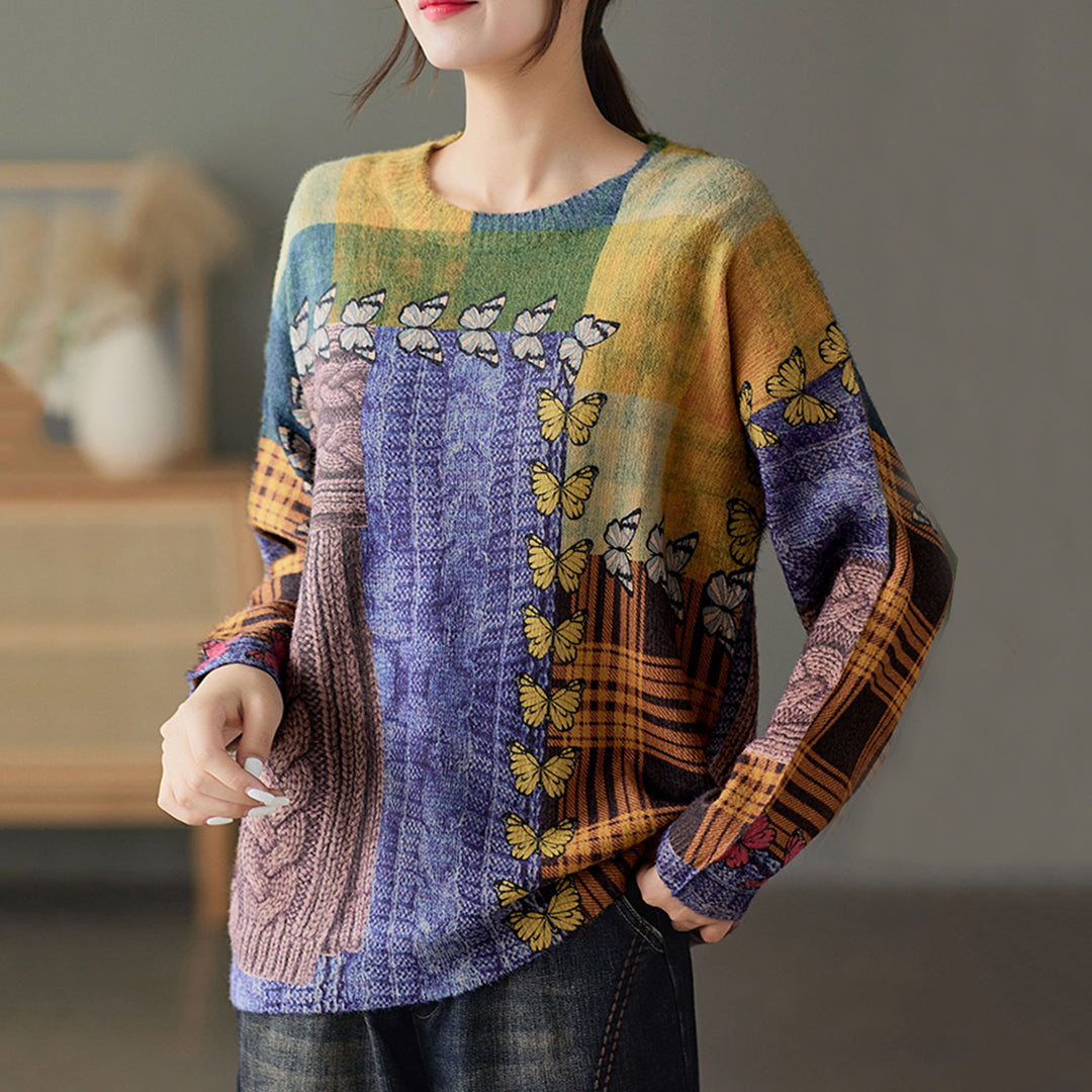 Vintage Color-Block Print Crew Neck Sweater - Luckyback