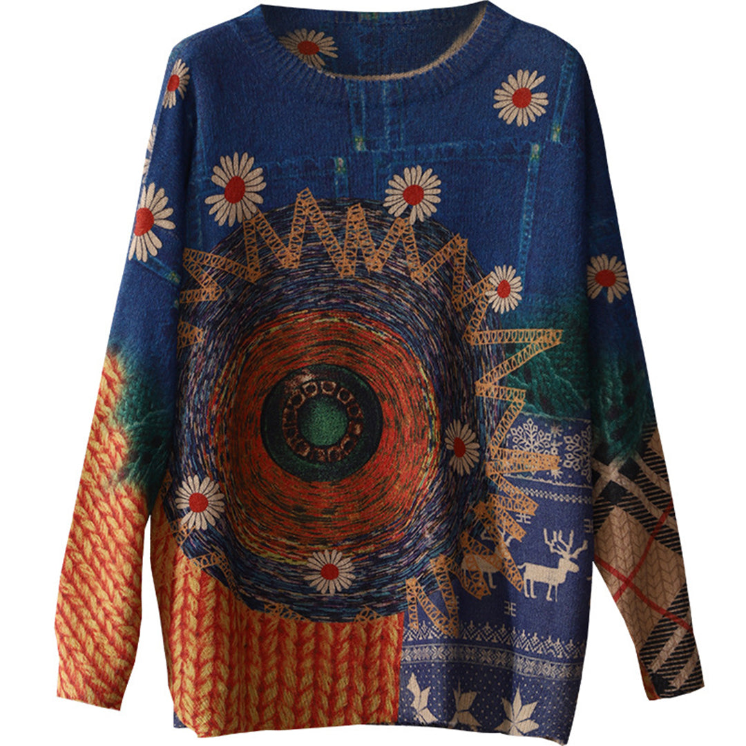 Vintage Color-Block Print Crew Neck Sweater - Luckyback