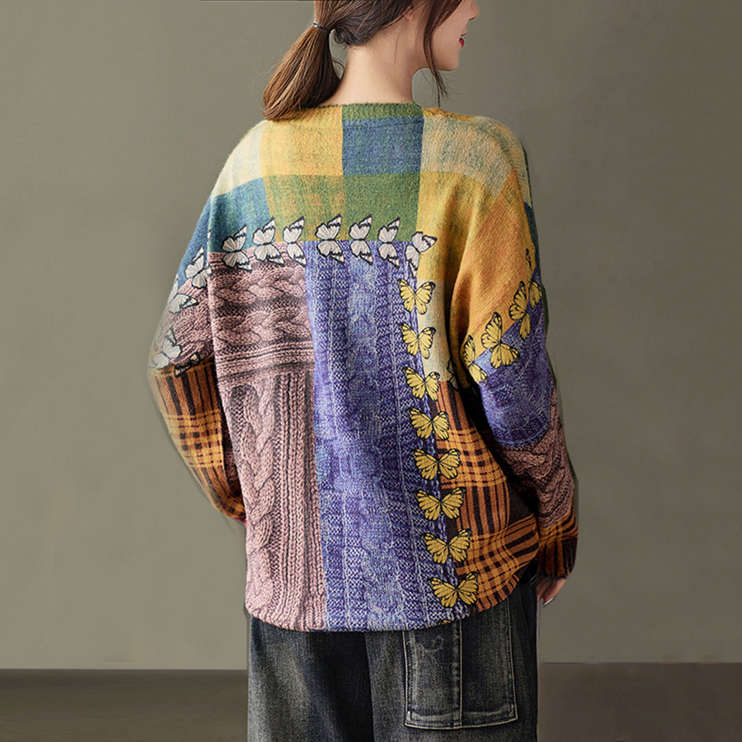 Vintage Color-Block Print Crew Neck Sweater - Luckyback