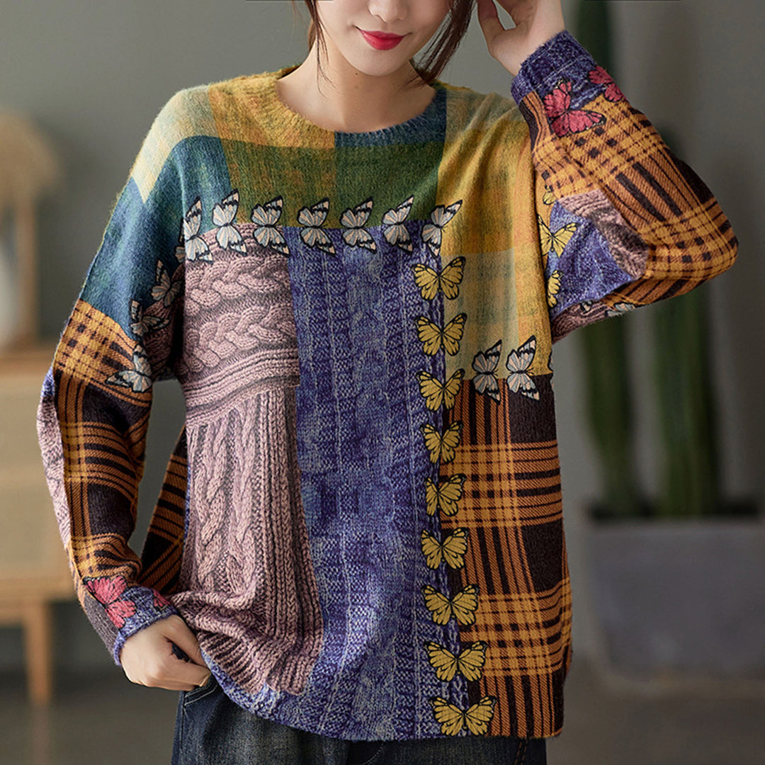 Vintage Color-Block Print Crew Neck Sweater - Luckyback