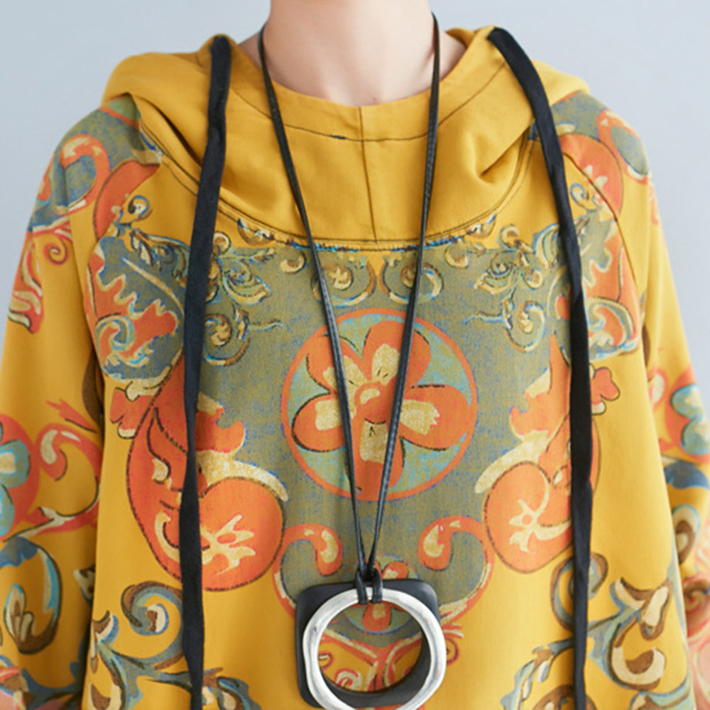 Vintage Printed Mid-length Hooded Dress For Women