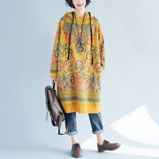 Vintage Printed Mid-length Hooded Dress For Women