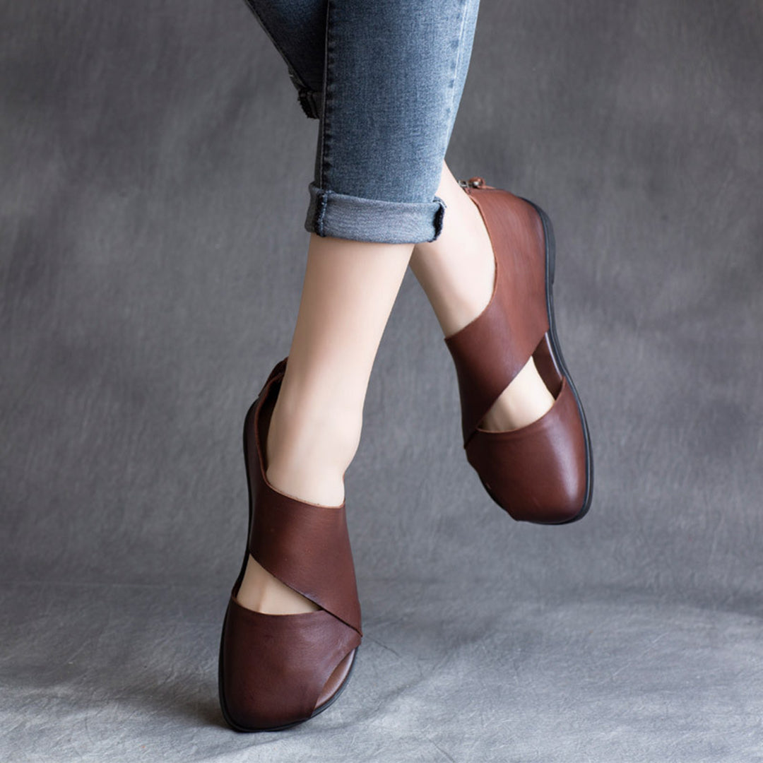 Women Back-Zipper Flat Leather Sandals - Luckyback