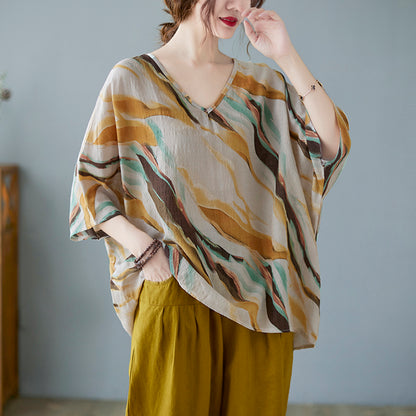 Women Breathable V-Neck Batwing Linen Blouse