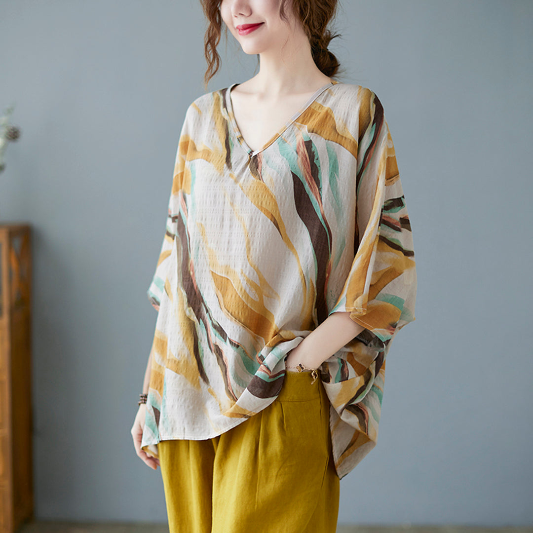 Women Breathable V-Neck Batwing Linen Blouse