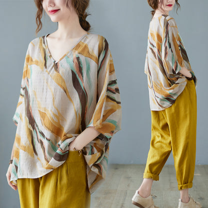 Women Breathable V-Neck Batwing Linen Blouse