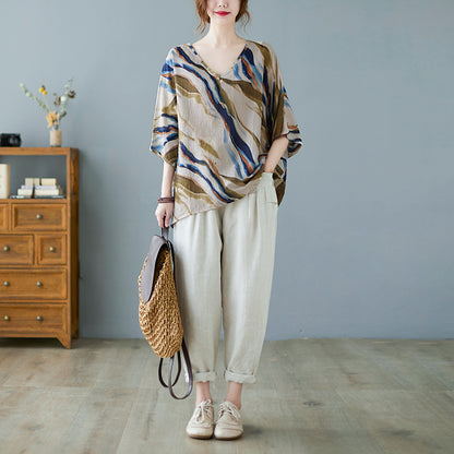 Women Breathable V-Neck Batwing Linen Blouse