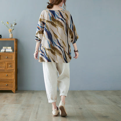 Women Breathable V-Neck Batwing Linen Blouse