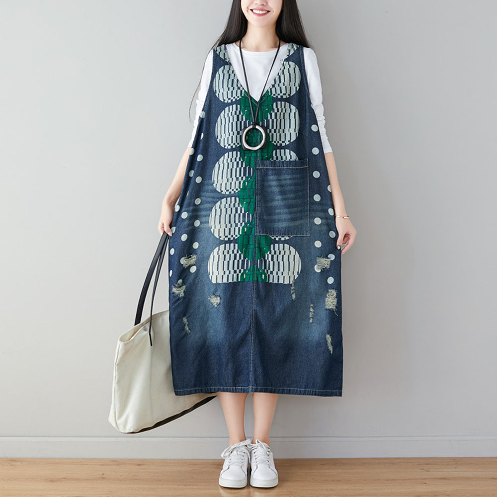 Women Dots Print Ripped V-neck Dress