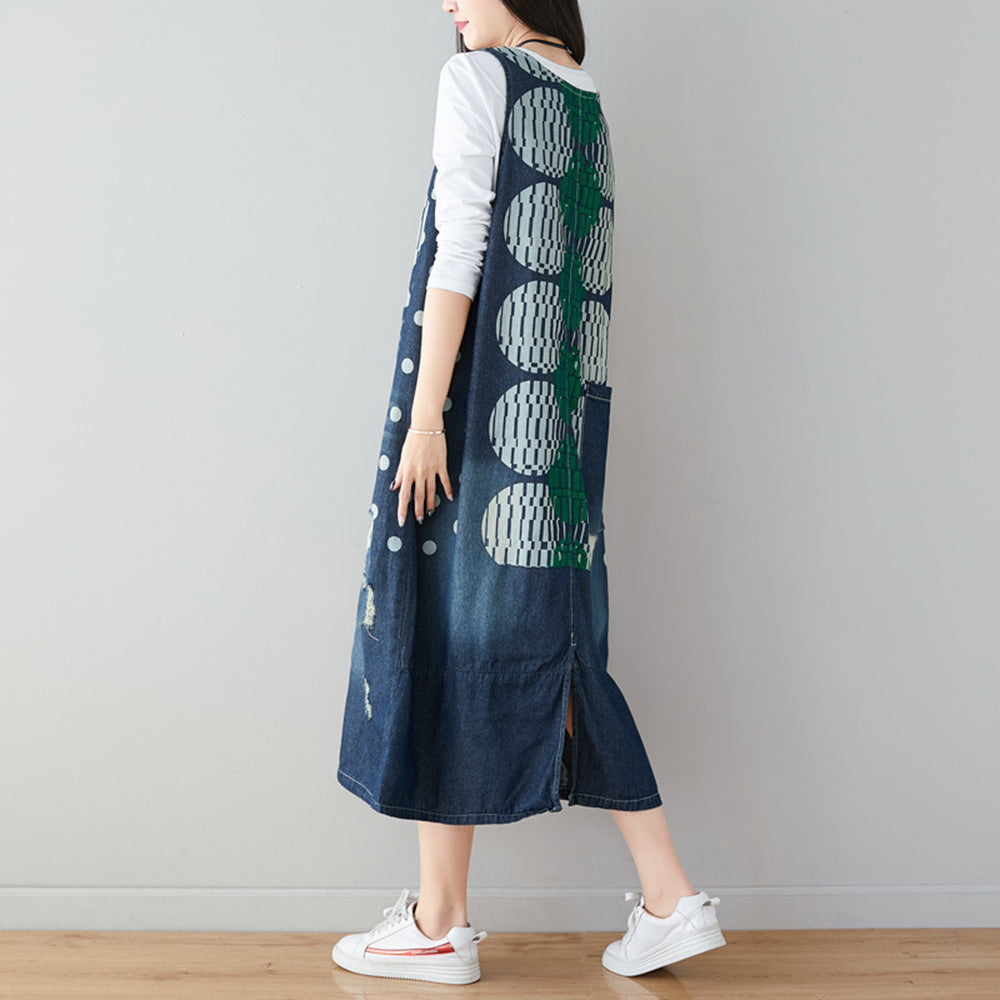 Women Dots Print Ripped V-neck Dress