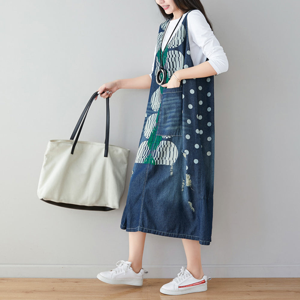 Women Dots Print Ripped V-neck Dress