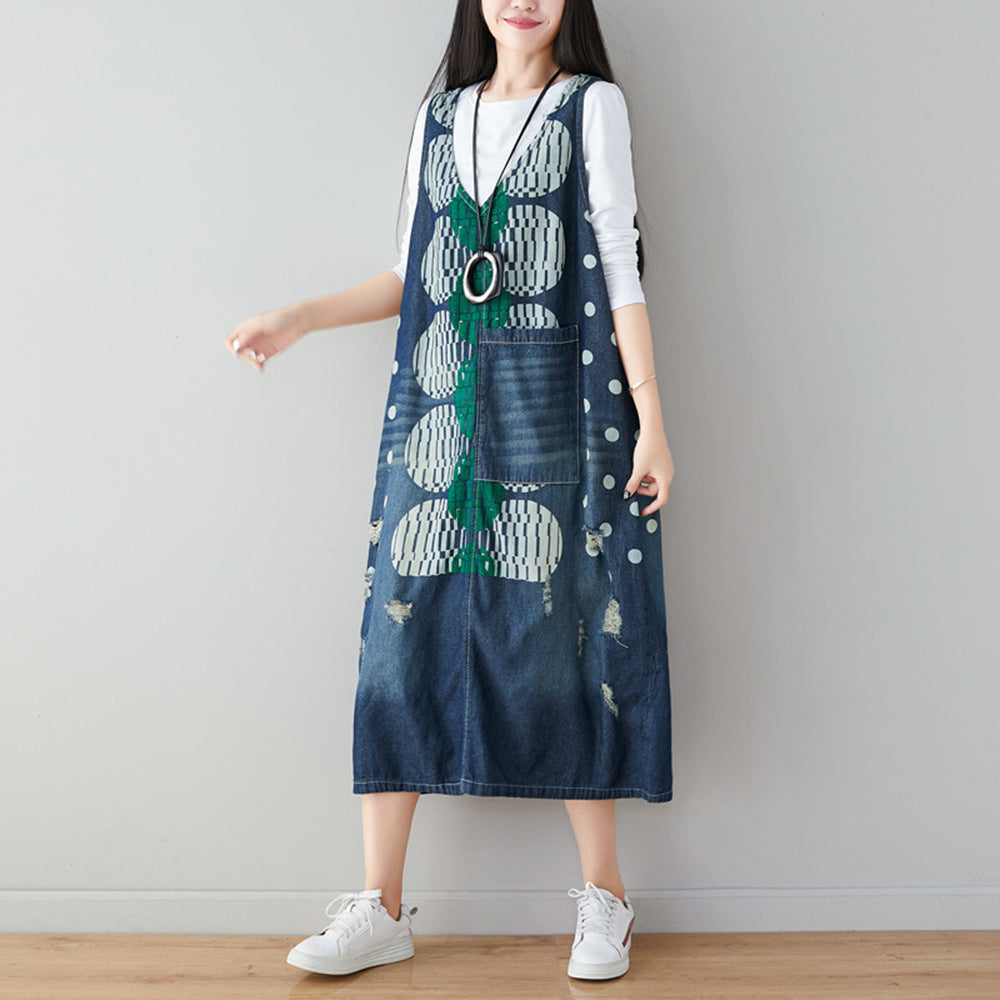 Women Dots Print Ripped V-neck Dress