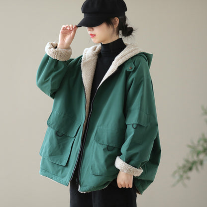 Women Faux Fur Fleece Outerwear Hooded Jacket