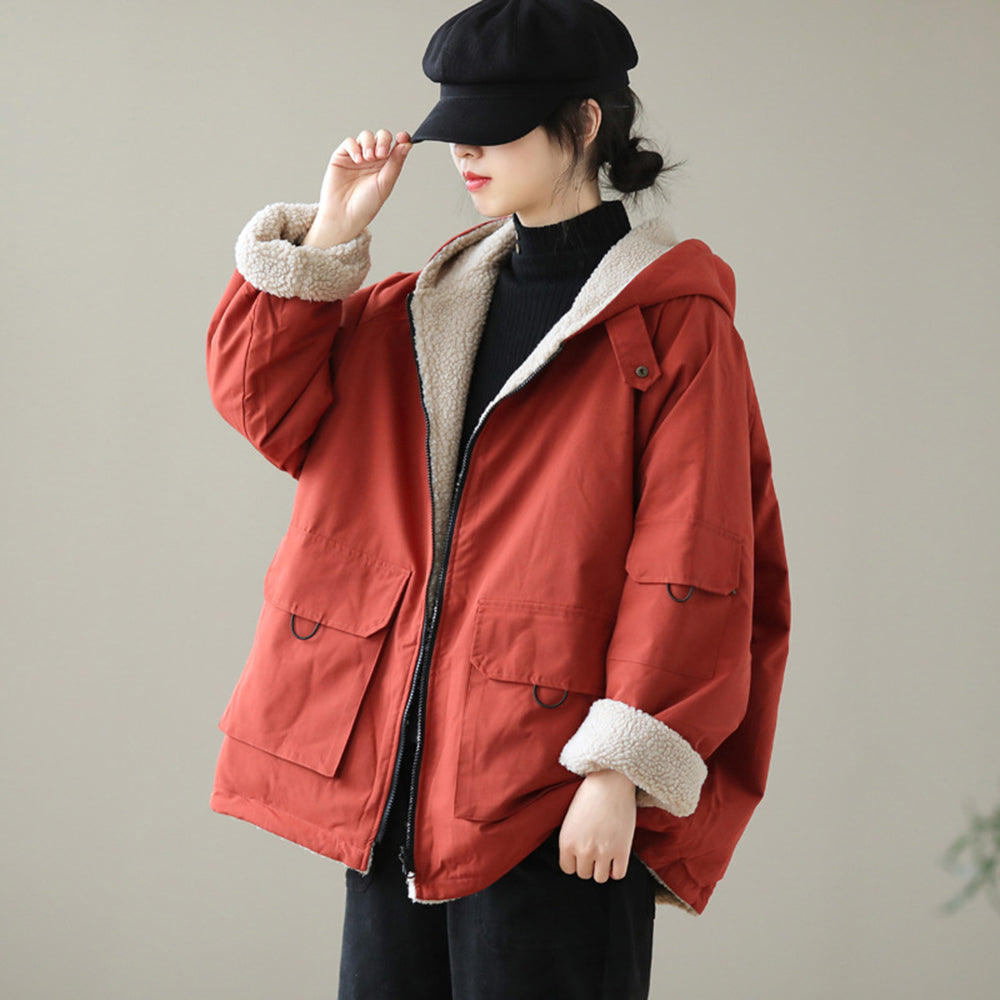 Women Faux Fur Fleece Outerwear Hooded Jacket