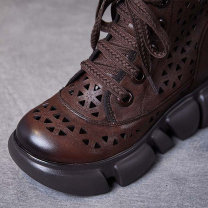 Women Handmade Hollow-out Lace-up Leather Boots