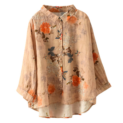 Women High-Low Linen Flower Printed Shirt - Luckyback