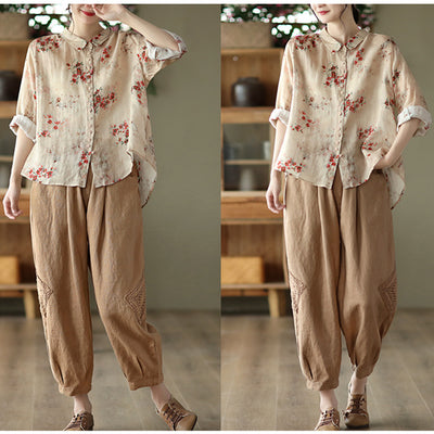 High Low Linen Tee in Overcast Leoni Floral Print