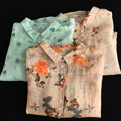Women High-Low Linen Flower Printed Shirt - Luckyback