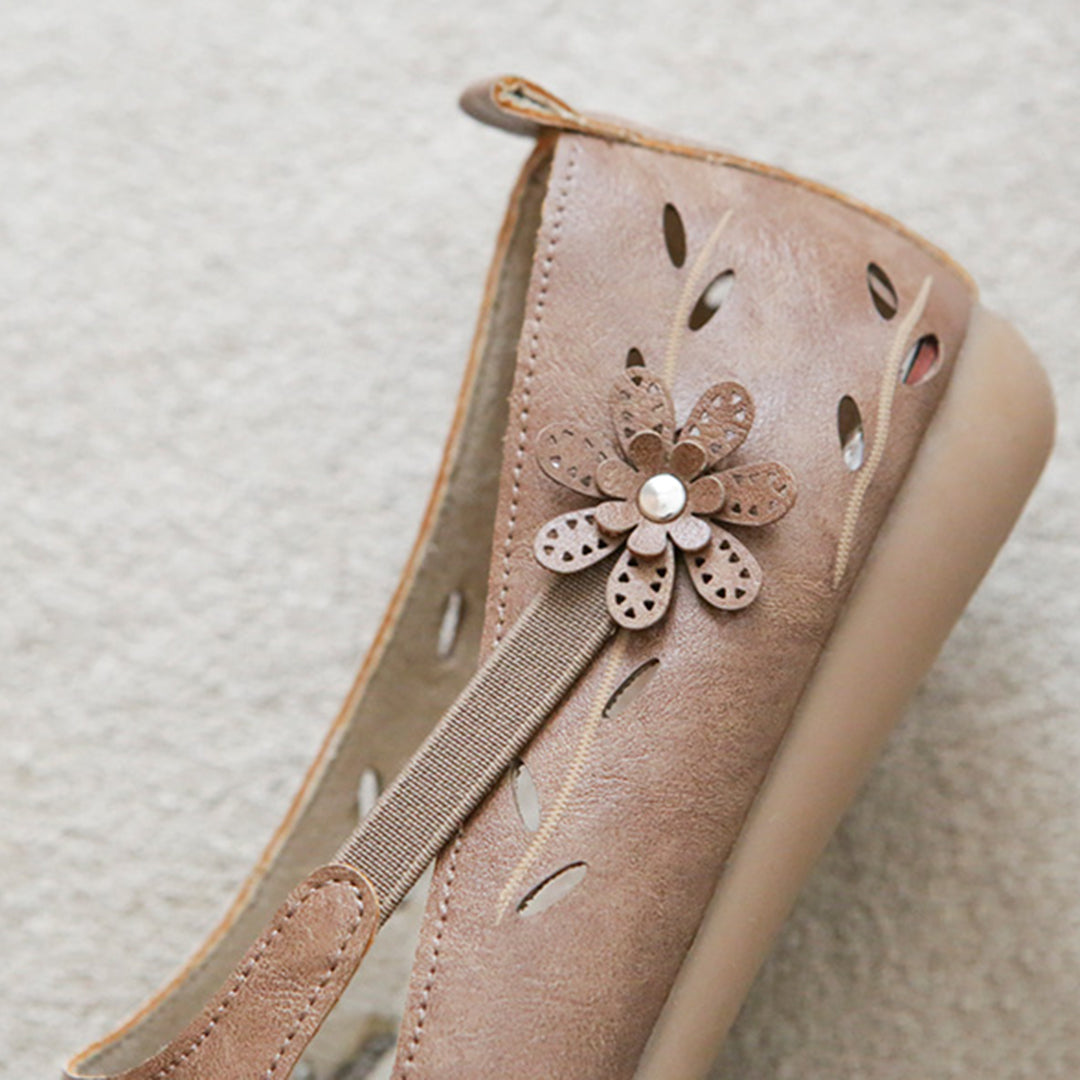 Women Retro Summer Solid Leather Hollow Out Flat Shoes main image 0