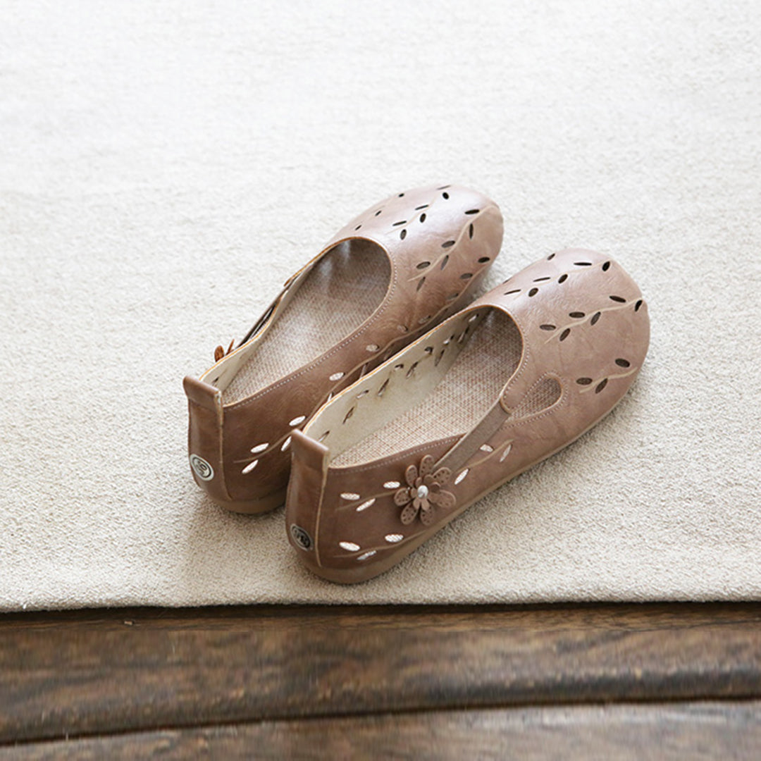 Hollow soft leather rubber flat shoes