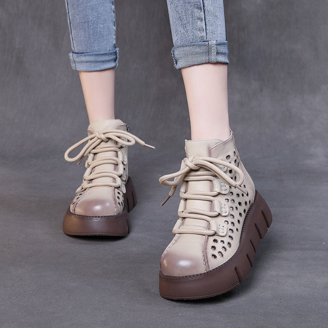 Women Hollow-Out Platform Leather Boots - Luckyback