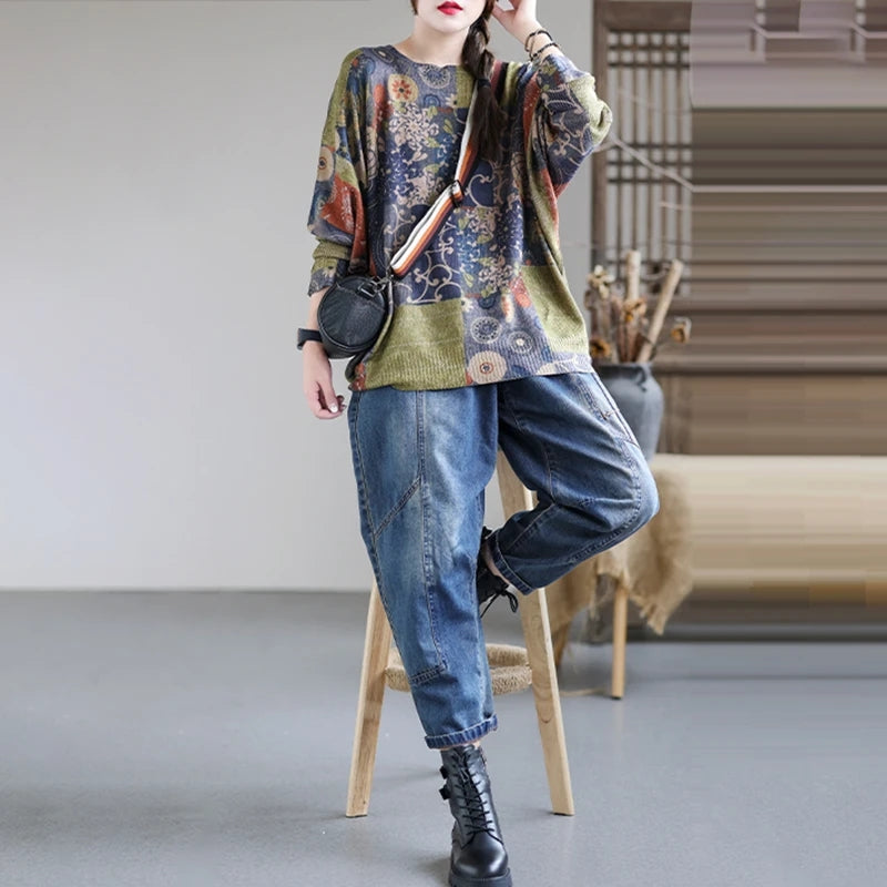 Women Knitted Print Sweater - Luckyback