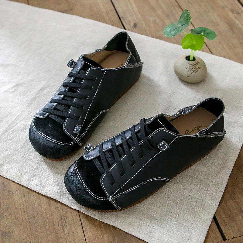 Women Leather Lace-Up Handmade Paneled Retro Shoes