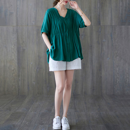 Women Loose Fit Solid Gathered Blouse