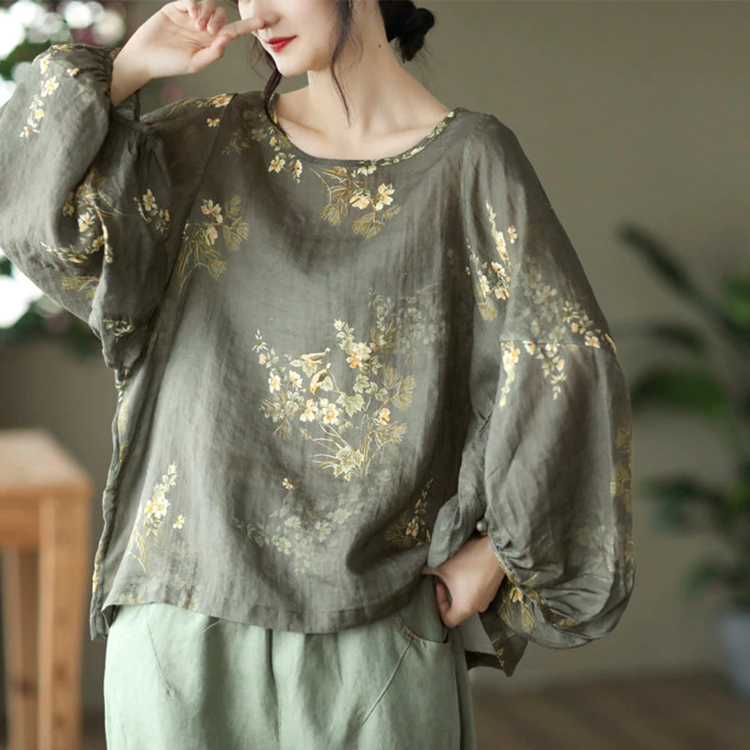 Women Loose Lantern Sleeve Linen Floral Blouse - Luckyback