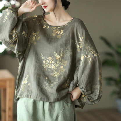 Women Loose Lantern Sleeve Linen Floral Blouse - Luckyback