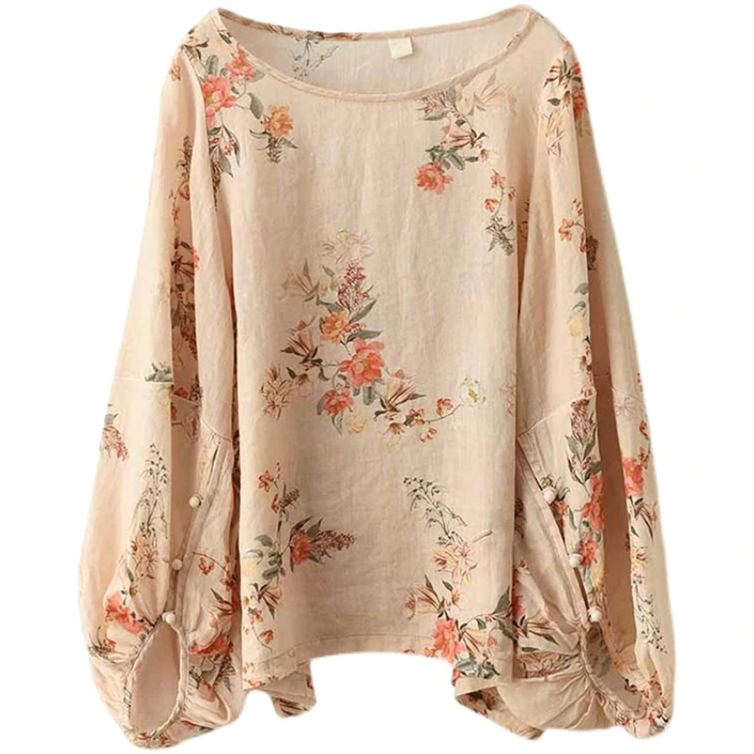 Women Loose Lantern Sleeve Linen Floral Blouse - Luckyback